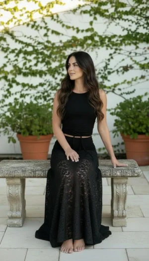 Maxi Lace Skirt in Polyester Spandex with Wide Waistband