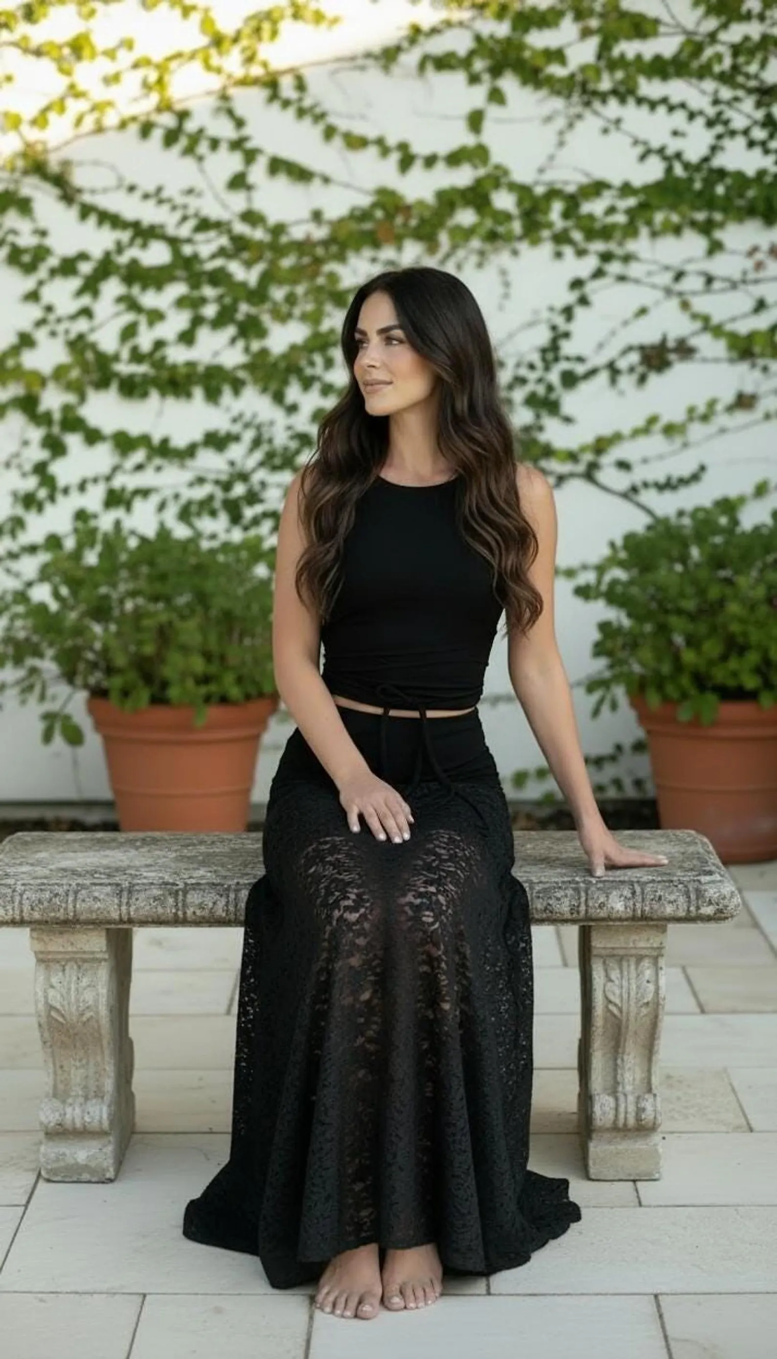 Maxi Lace Skirt in Polyester Spandex with Wide Waistband
