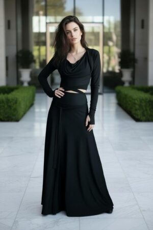 Black Bamboo Maxi Skirt with Fold Over Waistband
