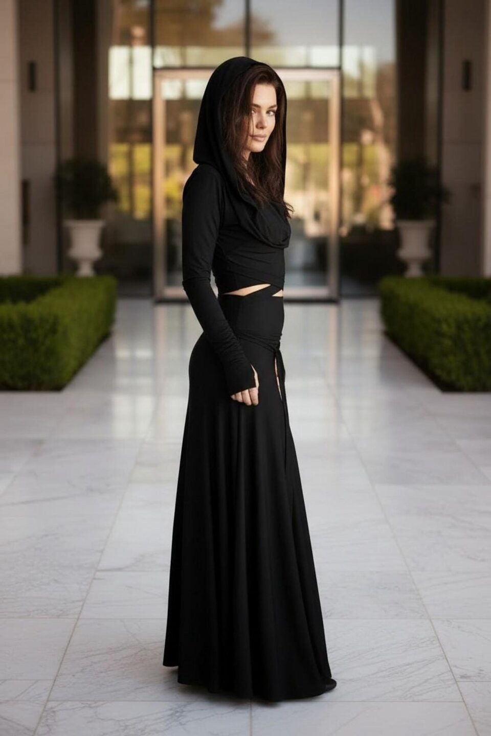 Black Bamboo Maxi Skirt with Fold Over Waistband