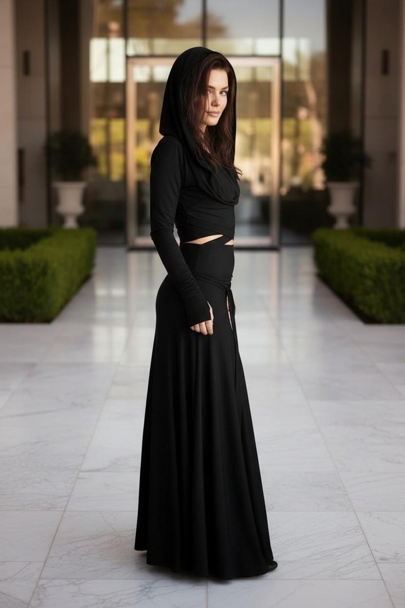 Black Bamboo Maxi Skirt with Fold Over Waistband