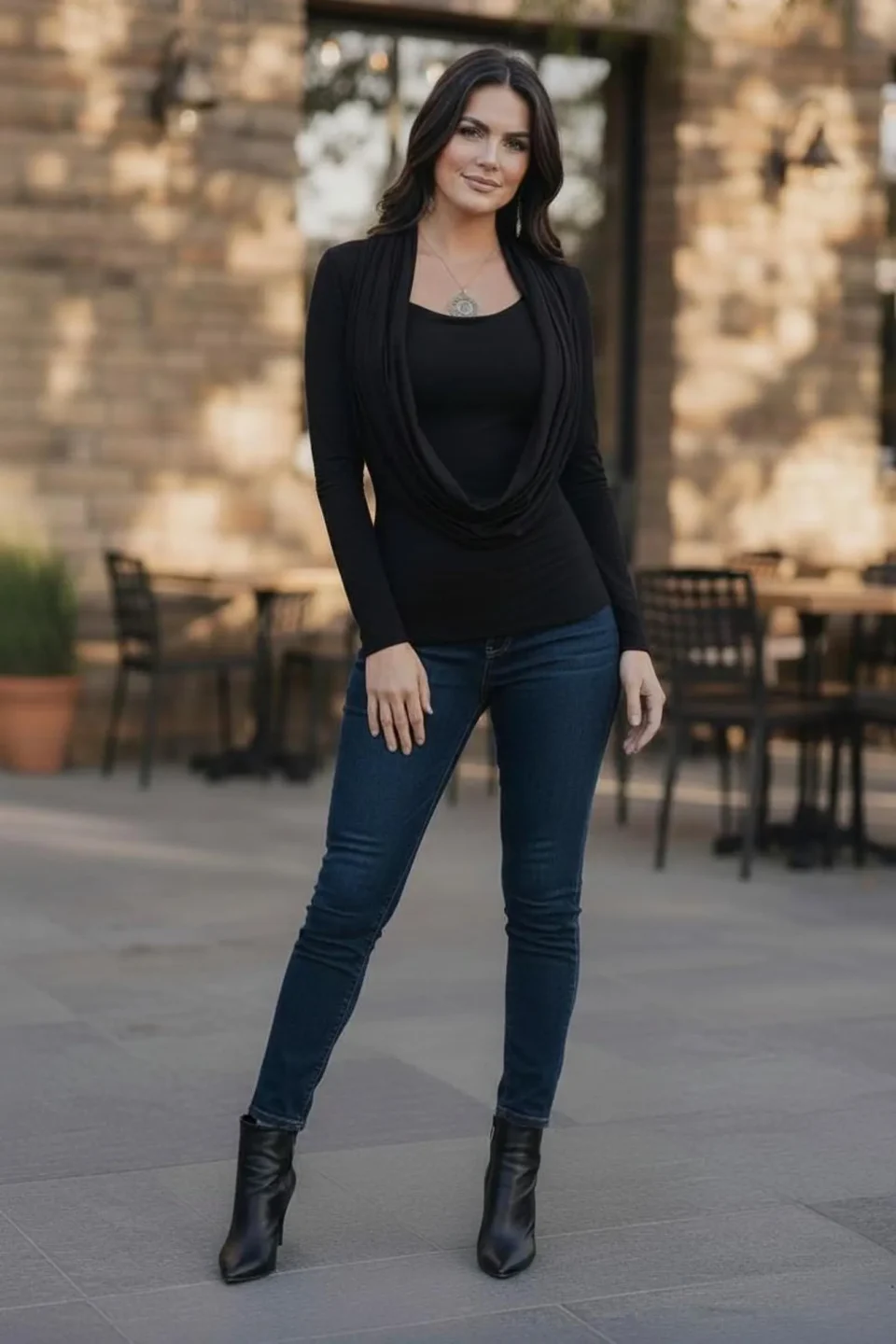 Black Cowl Neck Top with Built-In Insert, Long Sleeve Fitted Design