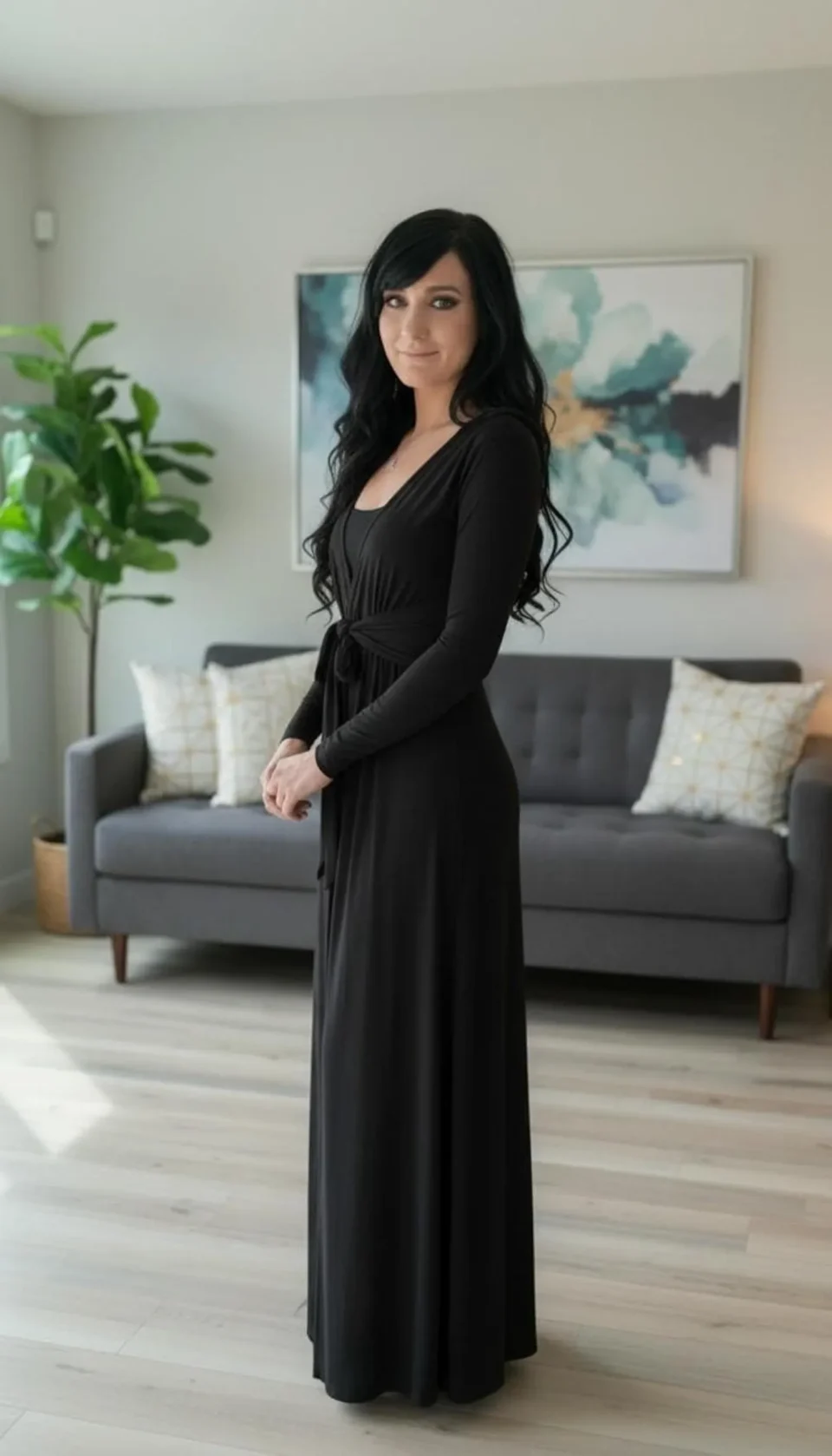 Long Black Cardigan with Ties, Cinched Waist Maxi Style