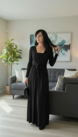 Long Black Cardigan with Ties, Cinched Waist Maxi Style