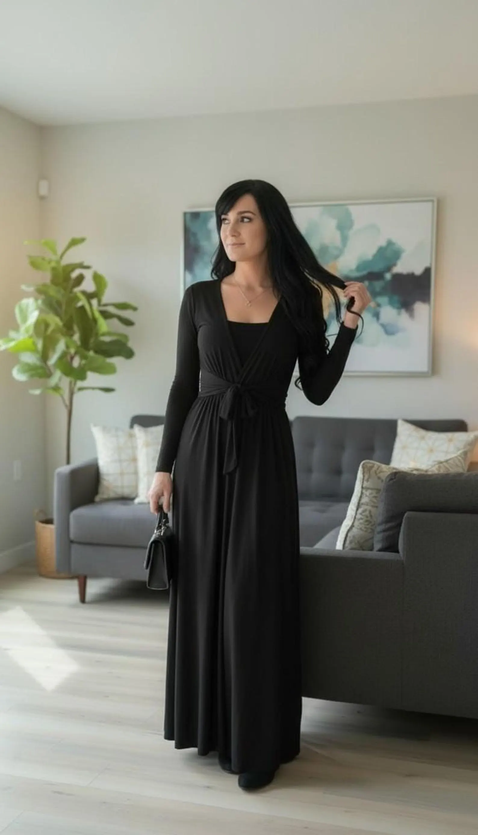 Long Black Cardigan with Ties, Cinched Waist Maxi Style