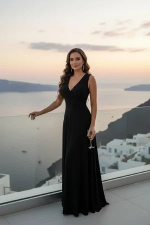 Black Maxi Dress, Sleeveless V-Neck Half Wrap Style