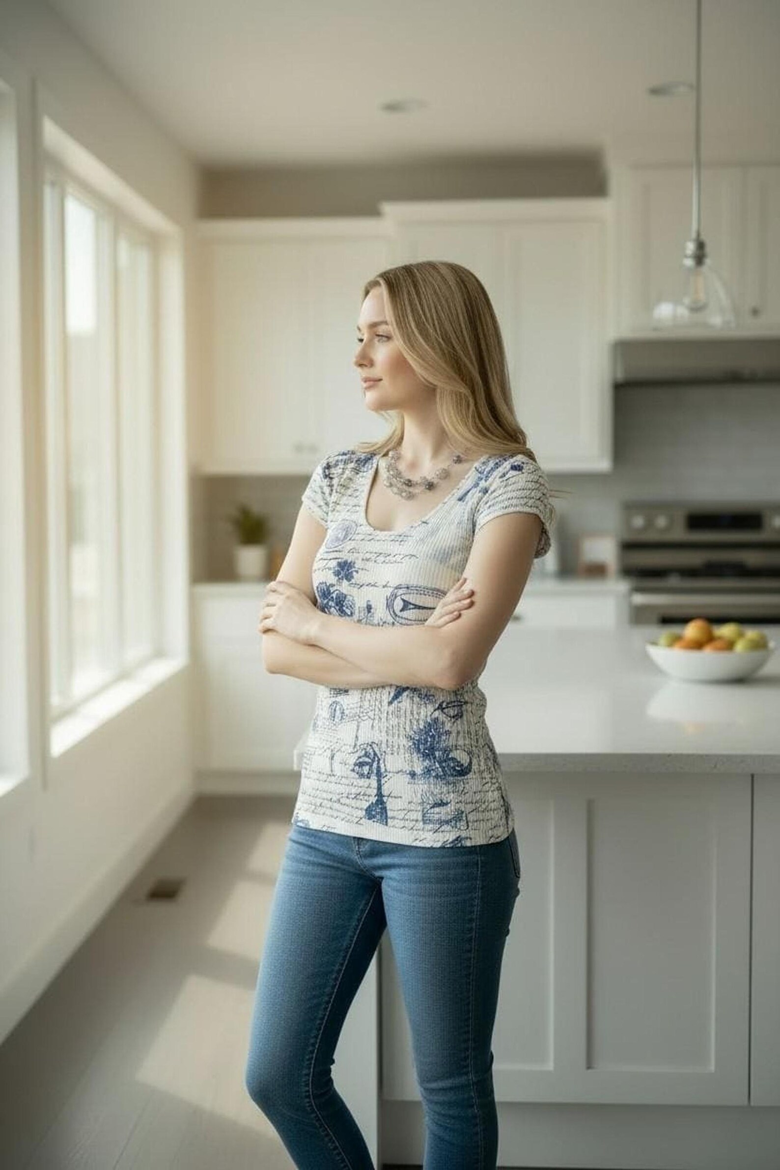Cap Sleeve Top in White and Blue Print, Fitted Ribbed Style