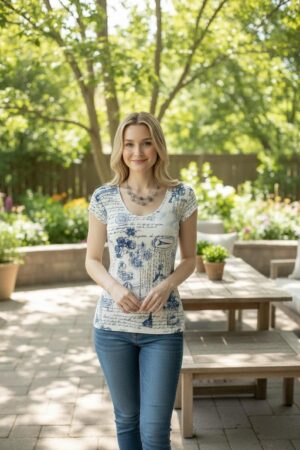 Cap Sleeve Top in White and Blue Print, Fitted Ribbed Style