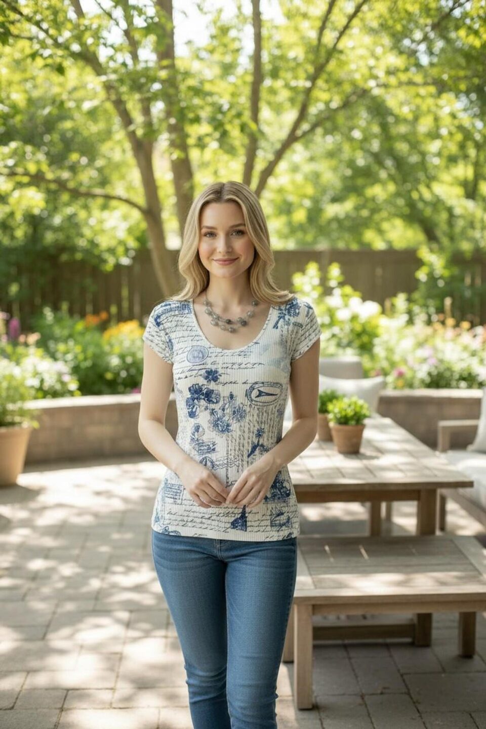 Cap Sleeve Top in White and Blue Print, Fitted Ribbed Style