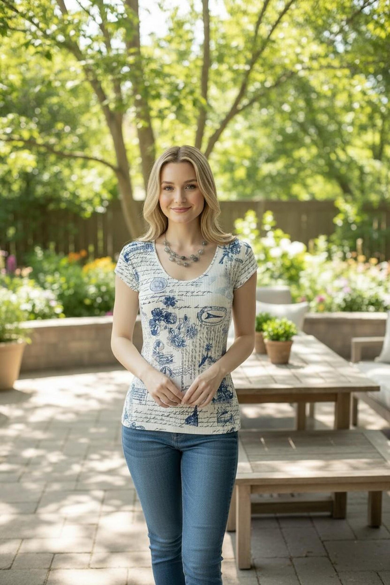 Cap Sleeve Top in White and Blue Print, Fitted Ribbed Style