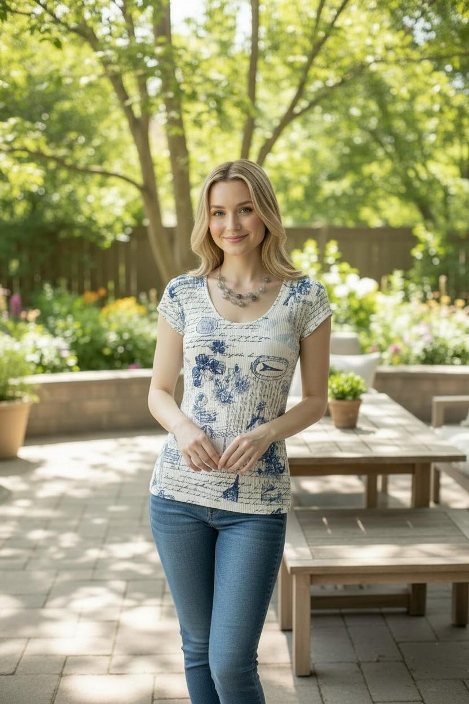Cap Sleeve Top in White and Blue Print, Fitted Ribbed Style