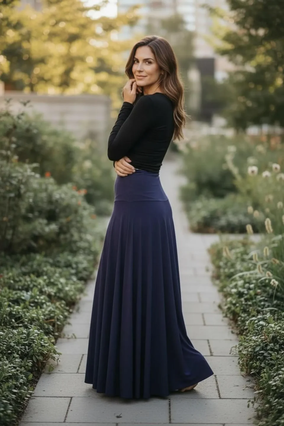 High Waisted Skirt in Dark Purple Blue, Floor Length A-Line Design