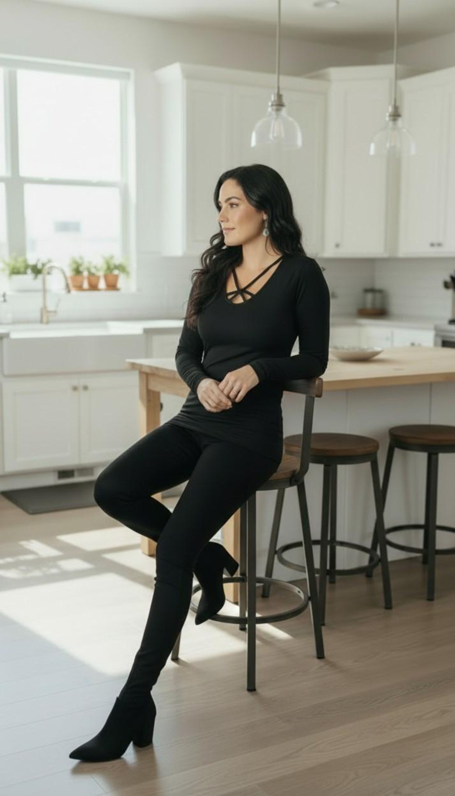 Fitted Black Bamboo Spandex Top with String Detail