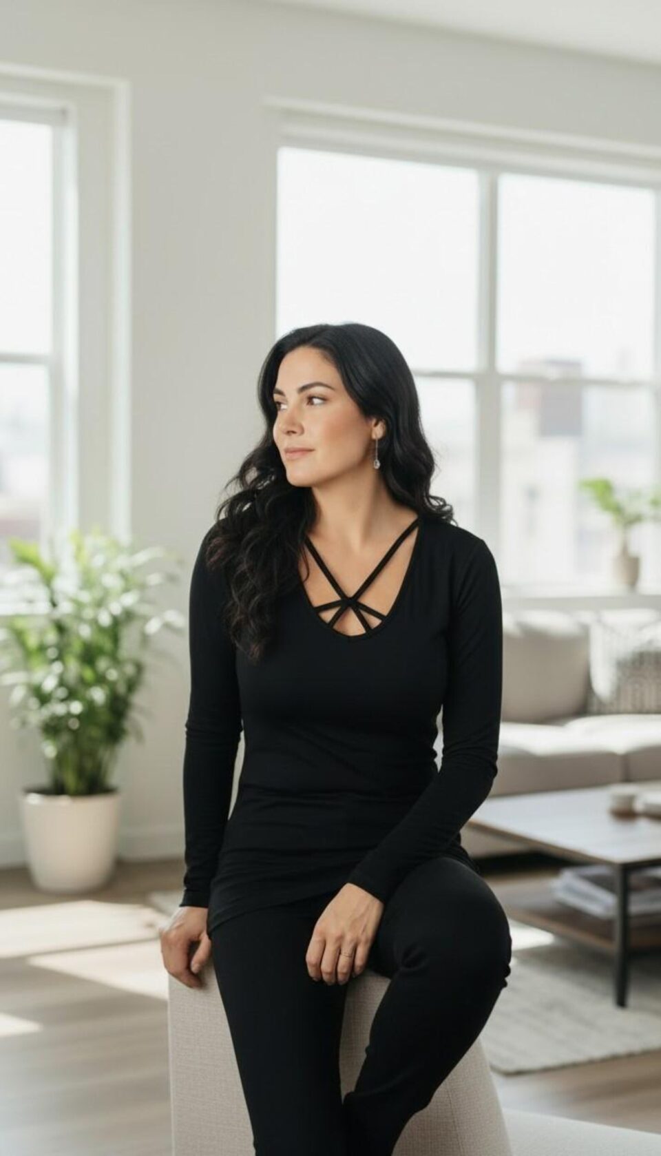 Fitted Black Bamboo Spandex Top with String Detail