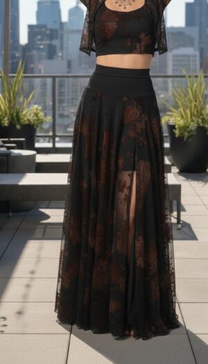 Black Mesh Maxi Skirt with Velvet Stencil and Slit Detail