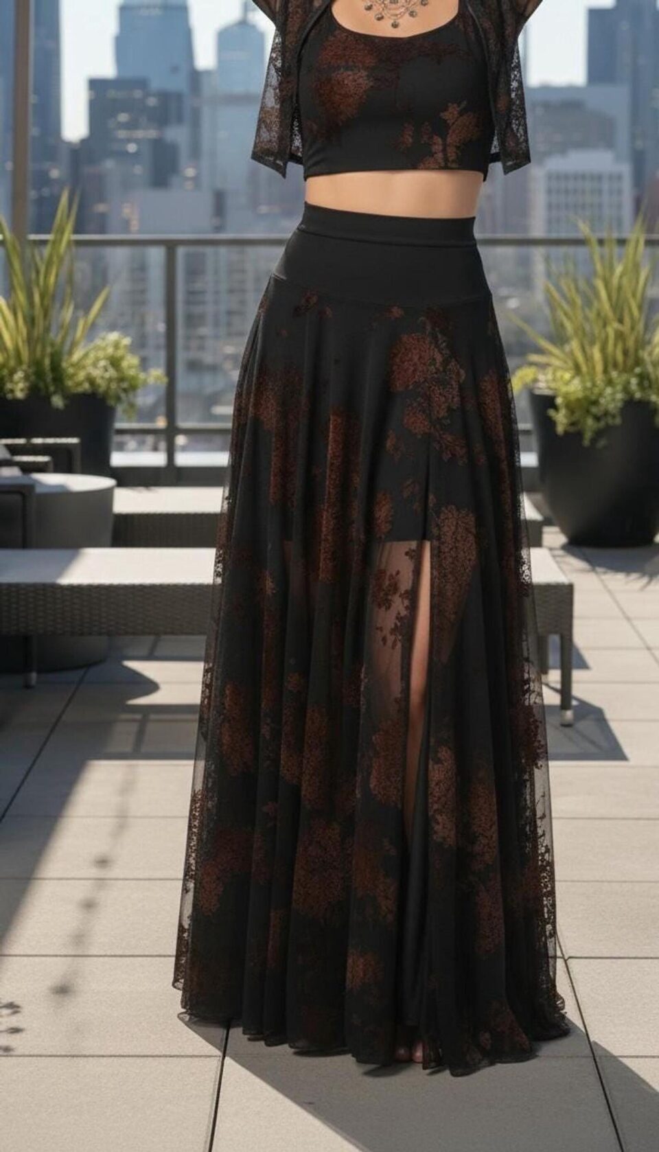 Black Mesh Maxi Skirt with Velvet Stencil and Slit Detail
