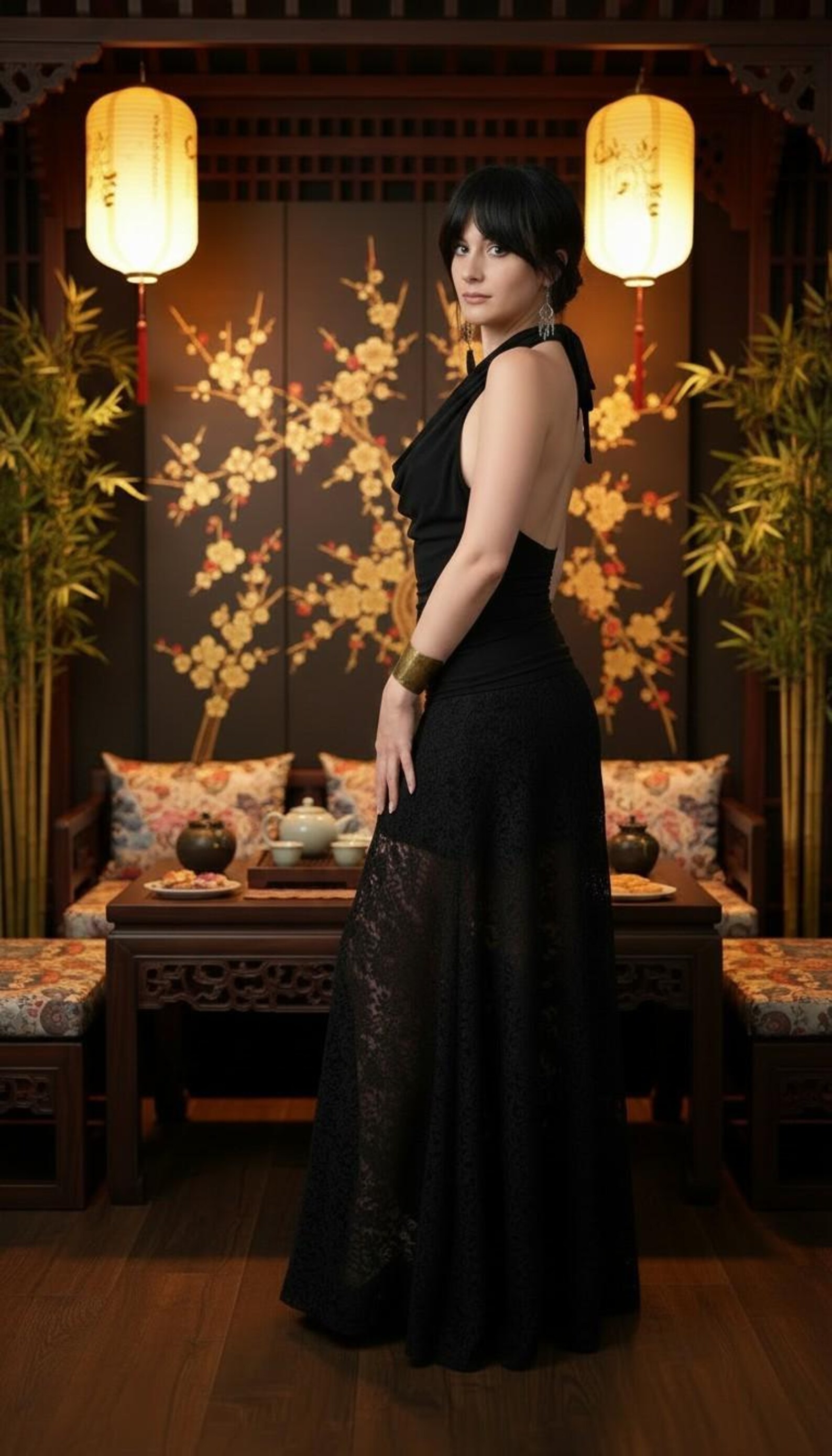 Two Piece Set, Black Lace Skirt with Adjustable Back Top