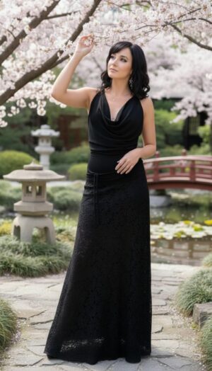 Two Piece Set, Black Lace Skirt with Adjustable Back Top