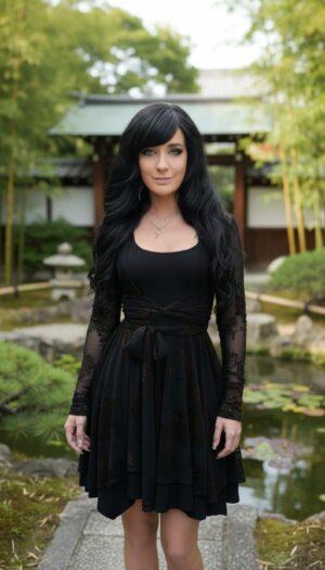 Jackets won't separately. Short black and brown velvet stencil non-symmetrical mesh dress with sash.