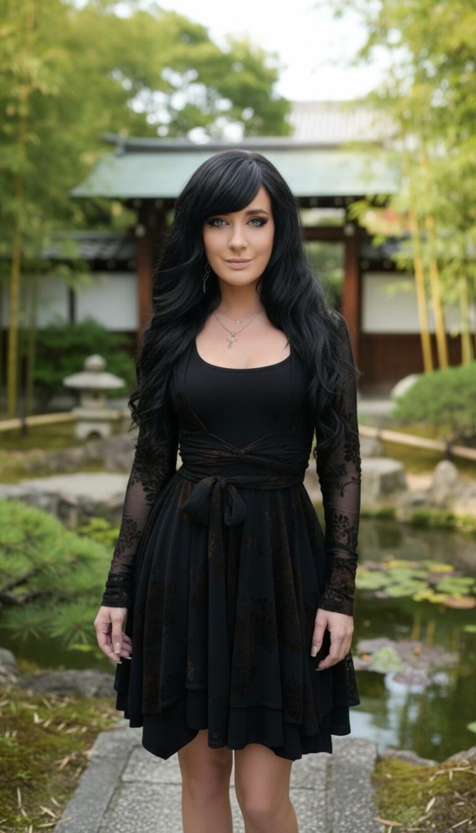 Jackets won't separately. Short black and brown velvet stencil non-symmetrical mesh dress with sash.