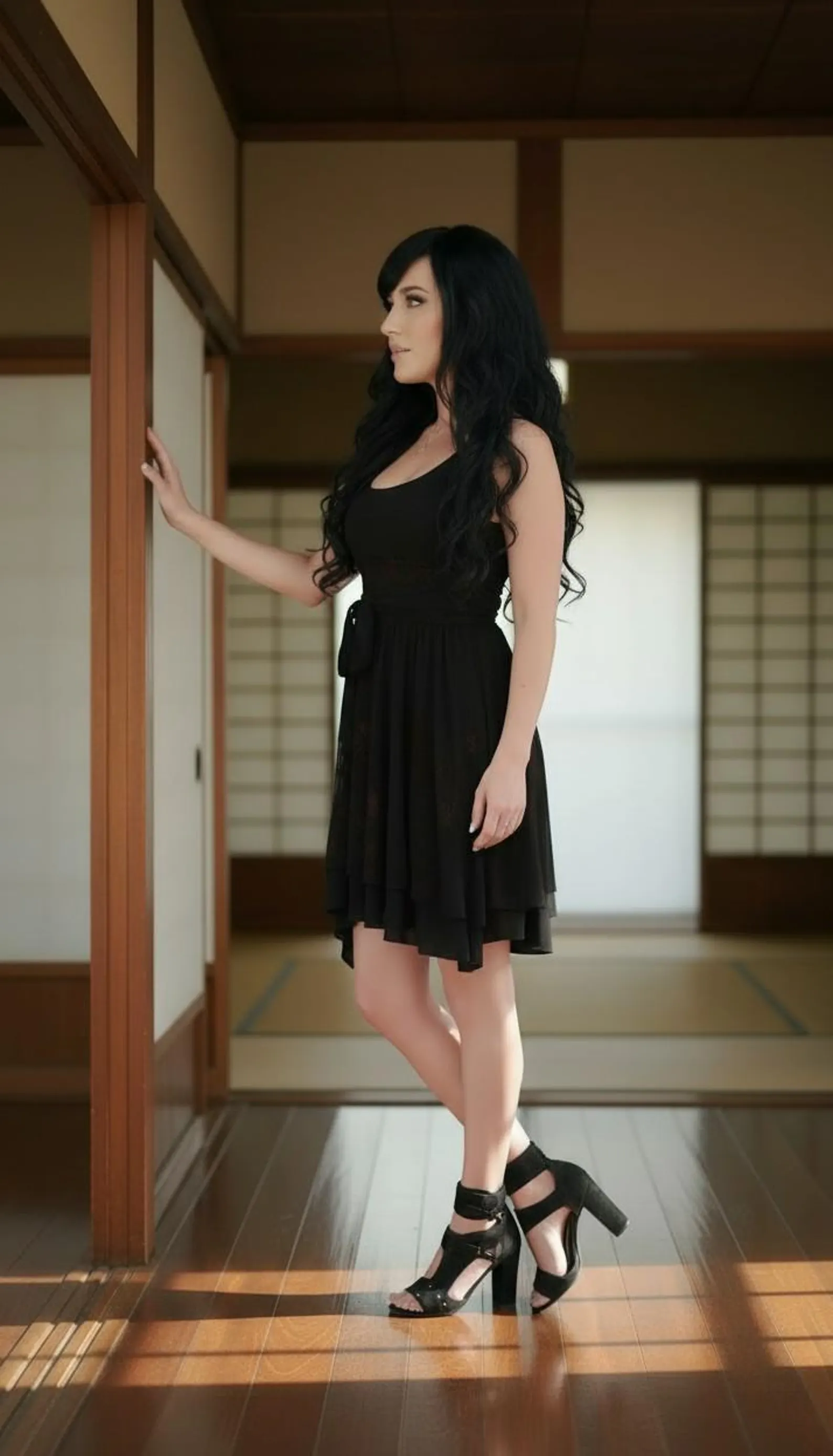 Jackets won't separately. Short black and brown velvet stencil non-symmetrical mesh dress with sash.