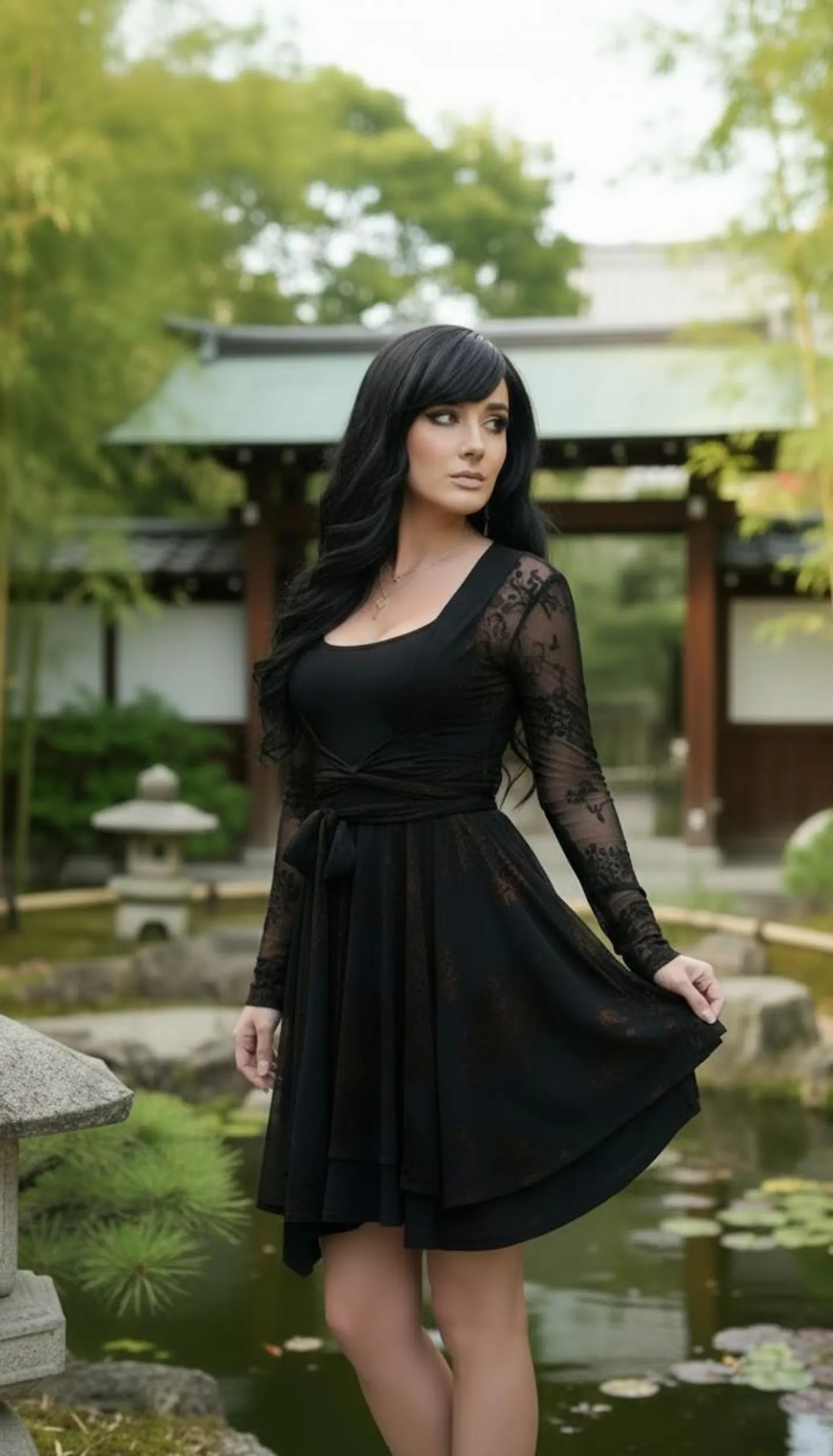 Jackets won't separately. Short black and brown velvet stencil non-symmetrical mesh dress with sash.